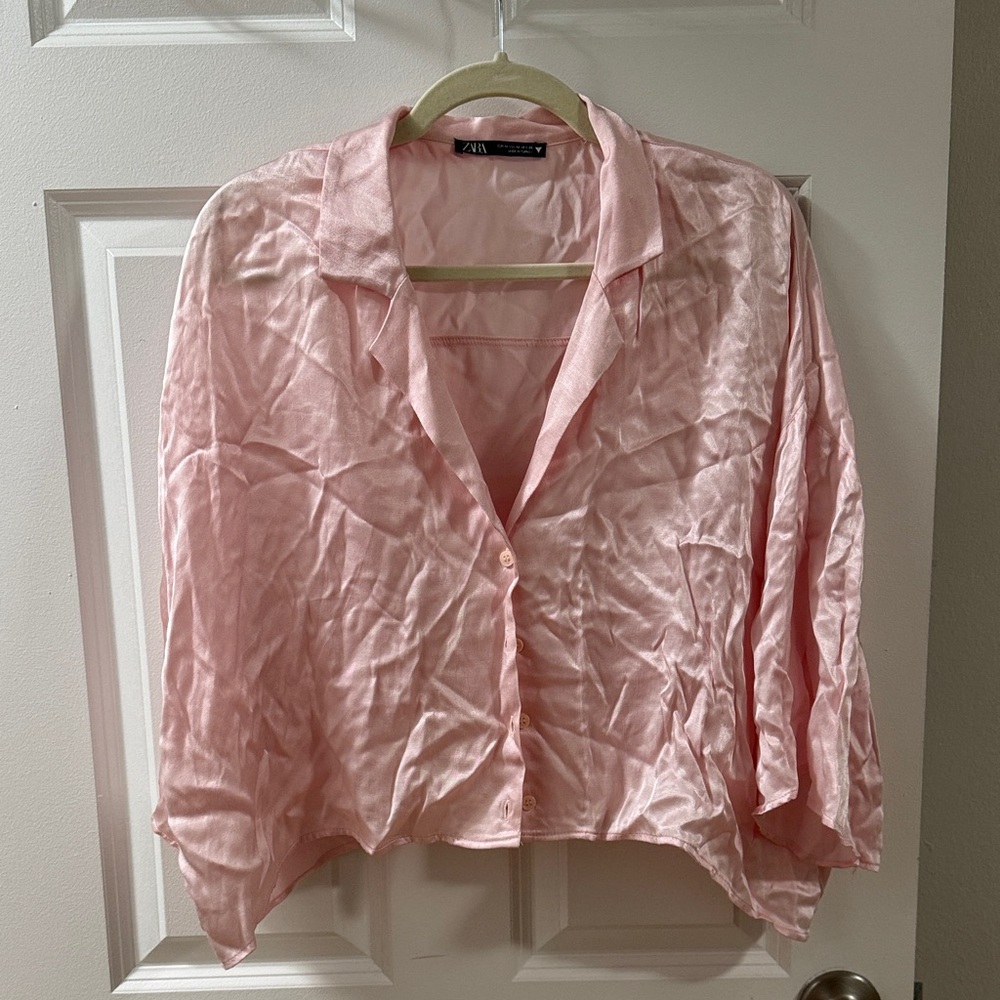 Zara Soft Pink Satin Button-Front Shirt